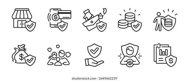 business protection insurance shield icon line set financial online money life guard accident safety assurance checkmark signs vector illustration for web and app