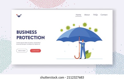 Business Protection Landing Page Template. Stop Covid Virus Contamination and Pandemic. Businessman Character Hiding from Huge Coronavirus Cell Attack under Umbrella. Cartoon Vector Illustration