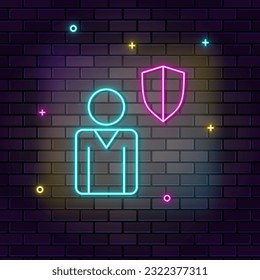 Business, protection, multicolor neon icon on dark brick wall