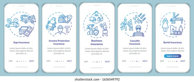 Business protection onboarding mobile app page screen with concepts. Family support. Financial aid walkthrough 5 steps graphic instructions. UI vector template with RGB color illustrations