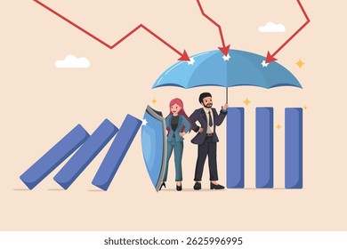 Business Protection and Risk Management a Man and Woman Shielding Falling graphs with an Umbrella and a Shield Against Declining Arrows.