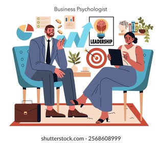 Business psychologist session concept. Professional advice on leadership in a comfortable office setting. Effective communication and personal growth. Vector illustration.