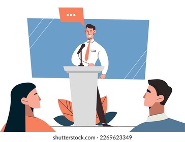 Business public speaking concept. Man in suit stands in front of microphone and gives lecture to audience. Conference and speaker. Presentation and workshop. Cartoon flat vector illustration