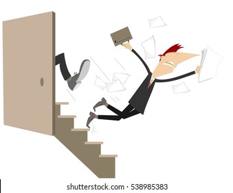 Business punish concept illustration. A man is given a kick to the ass and falls down the stairs
