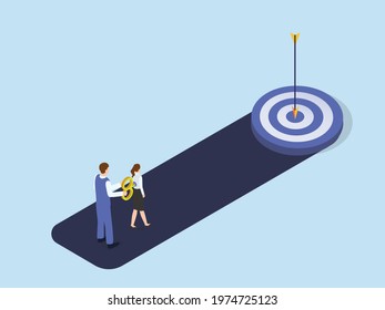 Business puppet vector concept. Male boss turning a winder key on his employee while commanding to walk toward a dartboard