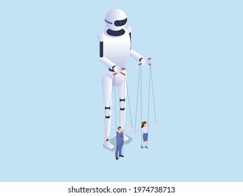 Business puppet vector concept. Robot controlling two business people like a marionette while working in the office