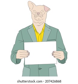 business puppy holding blank cardboard, lillustration
