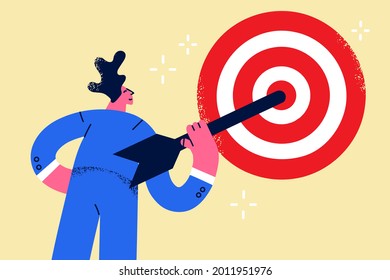 Business Purpose, goal, strategy success concept. Positive ambitious businessman standing using paint roller to paint big dartboard in middle pointing at aim target vector illustration