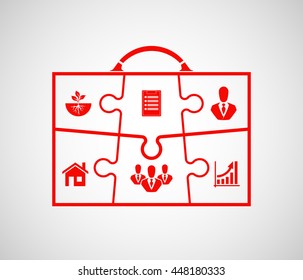 Business puzzle briefcase. Six steps of a successful person. Infographic process diagram presentation. Puzzle suitcase with different icons. Compare service banner. Design shape form
