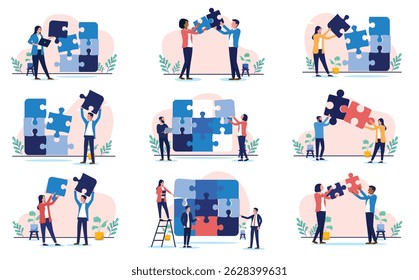 Business puzzle collection - Set of vector illustrations with businesspeople solving problem with jigsaw pieces connecting, assembling and finding solutions to problems. Flat design style