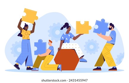 Business puzzle concept. Men and women work at common project. Partners and colleagues. Cooperation and collaboration. Goals and tasks. Cartoon flat vector illustration isolated on white background