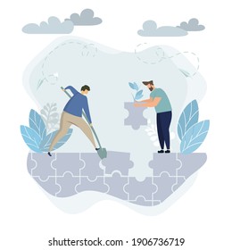 Business puzzle concept. Team work metaphor. people connecting puzzles elements. Vector illustration flat design style. Symbol of teamwork, cooperation, partnership