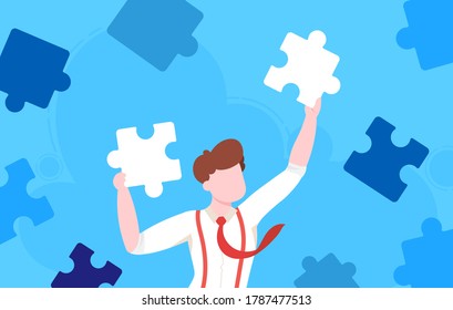 Business puzzle connection concept flat vector illustration. Cartoon businessman character holding, connecting idea puzzle pieces in hands, solving work problem, successful choice in business strategy