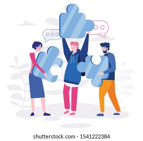 Business puzzle construction, leadership building, team work together. Vector illustration for web, print, presentation.