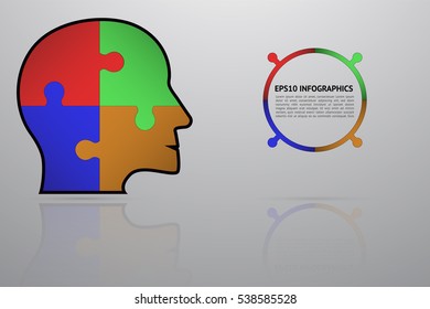 Business puzzle infographics with 4 steps. Four steps timeline infographic with head shape with puzzle or jigsaw on gray gradient backdrop with reflection.