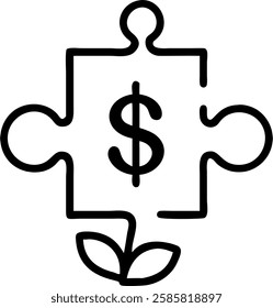 Business puzzle pieces forming a green dollar sign and copy space concept as A soft abstract image shows business themed puzzle pieces coming together to form a green dollar sign symbolizing integrati