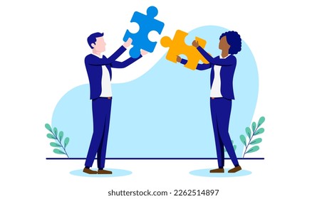 Business puzzle - Two businesspeople solving problem and connecting jigsaw puzzle pieces together. Flat design vector illustration with white background