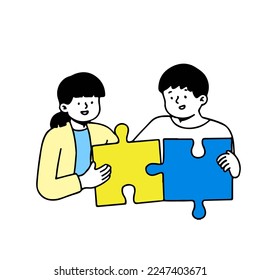 Business puzzle. Two business people connecting puzzle pieces, solving problem and finding solution. vector illustration with white background.