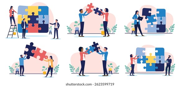 Business puzzle vector collection - Set of problem solving illustrations with businesspeople and jigsaw puzzle pieces working on finalising, completing and finding solutions to problems