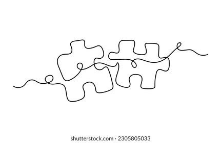 Business puzzles concept. Single line sketch of two pieces. Metaphor of teamwork and partnership. Collaboration and cooperation. Start up or project. Linear flat vector illustration