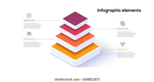 Business pyramid chart infographics with 4 steps. Pyramidal stages graph elements. Company hiararchy levels presentation template. Vector info graphic design.