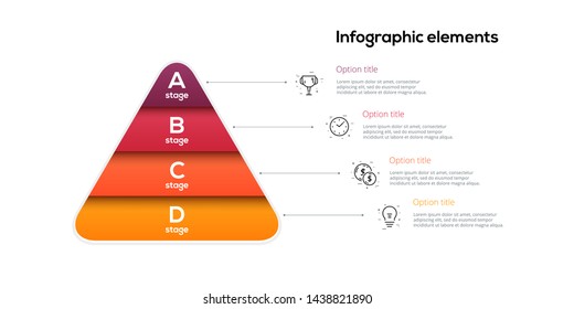 Infografiken zur Geschäftspyramide mit 4 Schritten. Pyramidal-Stufen-Graphen-Elemente. Vorlage für die Präsentation von Unternehmensoberflächen. Vektorillustration Infografik Design.