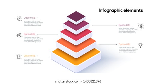 Business pyramid chart infographics with 5 steps. Pyramidal stages graph elements. Company hiararchy levels presentation template. Vector info graphic design.