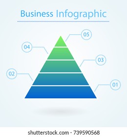 Business pyramid for infographic. 5 levels. Marketing concept. Pyramid chart diagram with numbers. Vector illustration isolated on background.