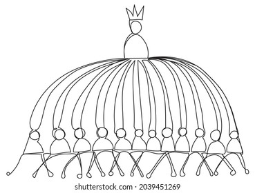 Business pyramid in one line doodle style. The creator of a successful startup. Recruitment of a team, contributors, shareholders, sponsors, employees. Organization of effective work of the enterprise