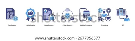 Business Quality and Digital Commerce web banner featuring Devaluation, High Quality, Data Security, Cyber Security, Mobile Shopping, Shopping, and B2C.