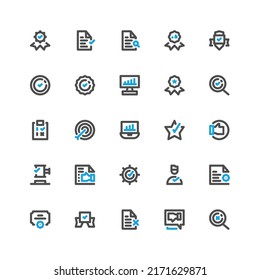 business quality standards and requirements vector icon set pack in dual tone style