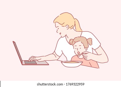Business, Quarantine, Coronavirus, Motherhood, Childhood Concept. Busy Young Mom Freelancer Working Home With Laptop Feeding Hungry Child Kid Daughter. Work On Lockdown And Stay At Home Or Mothers Day