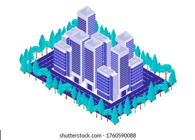 Business quarter with skyscrapers and park isometric. Center modern city business high rise buildings highway and green trees on sidelines colorful city exterior vector perspective.