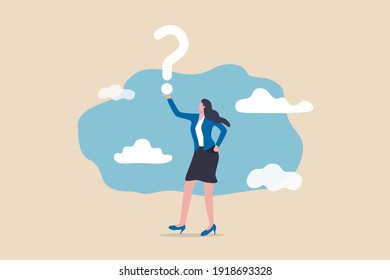 Business question, doubt, problem solving or ideas and creativity to answer and survive uncertainty concept, smart confidence businesswoman holding big question mark and think about solutions.