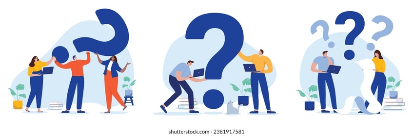 Business question illustration collection - Set of vectors with people and question marks working and solving problems. Support and questionnaire concept in flat design with white background