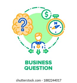 Business Question And Solve Vector Icon Concept. Pensive Businessman Asking Question Searching Solutions And Directions For Safe Or Earn Money. Decision And Support Color Illustration