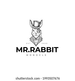 Business Rabbit With Hat Monocle Drawing Logo Vector Illustration Template Icon 