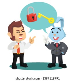 business rabbit and business monkey chatting unlocking lock