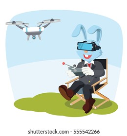 business rabbit playing drone with virtual reality