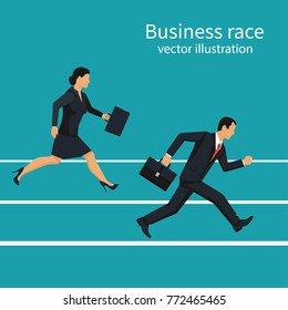 Business race. Businessmen and women running down track. Competition concept. Winning strategy. Vector illustration flat design. Isolated on background. Running people. Direction to victory.