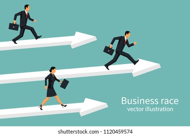 Business race. Businesspeople running down track. Competition concept. Winning strategy. Vector illustration flat design. Isolated on background. Running people. Direction to victory.
