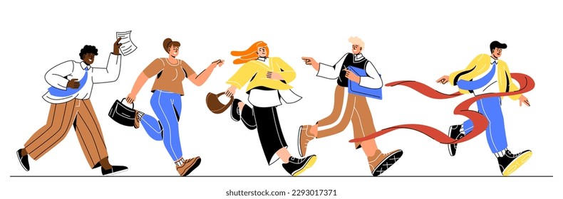 Competencia de carrera empresarial. Hombres y mujeres con traje corren para terminar la línea. Empresarios o empleados trabajadores en torneo. Maratón y carrera. Dibujo vectorial plano de dibujos animados