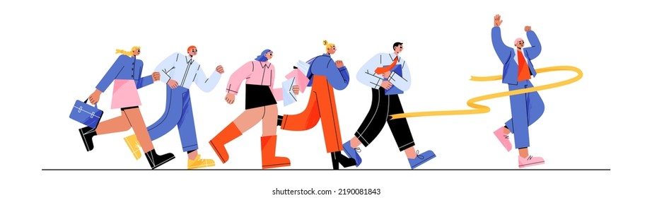 Business race, competition in team concept. Businessman run first, tearing finish ribbon and win corporate sprint. Vector flat illustration of people rush to leadership