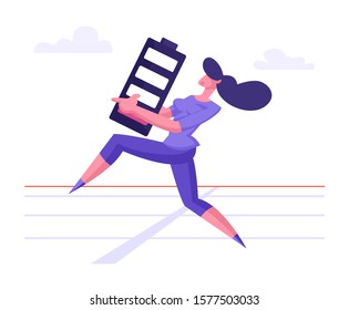 Business Race from the Last Forces Concept. Exhausted Businesswoman Running on Stadium with Huge Battery with Red Low Energy Indicator in Hands Trying to Reach Finish. Cartoon Flat Vector Illustration