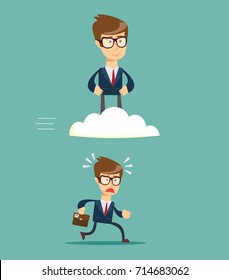 Business race. Successful businessman on cloud above others . Business Vision Concept.