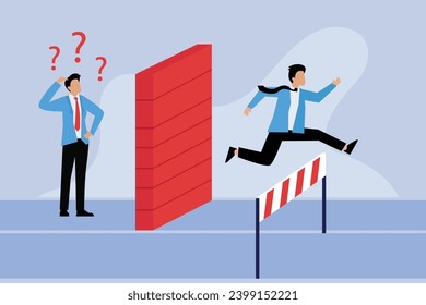 Business race with unfair obstacles. Businessman jumping over hurdle with other businessman stuck by the wall