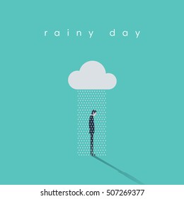 Business rainy day vector concept with businessman standing under cloud and rain. Eps10 vector illustration.