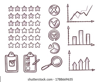 Business Rating Icon. Ranking Star, Investment Check-list Plan Strategy, Percentage Arrow Graph And Diagram, Loupe, Round Check Mark Illustration. Vector Sketch Rating Set Isolated On White Background