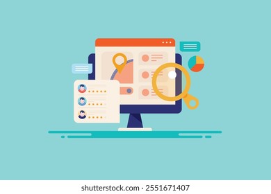 Business Rating on search engine result page, Customer feedback, Search engine optimization, SEO reviews and rating - vector illustration with icons