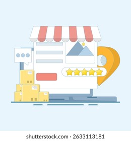 Business Rating and review concept, sending location based notifications to users. Geographic for Local Marketing. Local business SEO, Business listing with small business location pin.